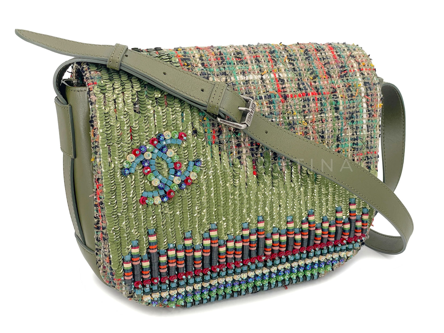 Rare 17C Chanel Green Sequin Tweed Cuba Messenger Bag