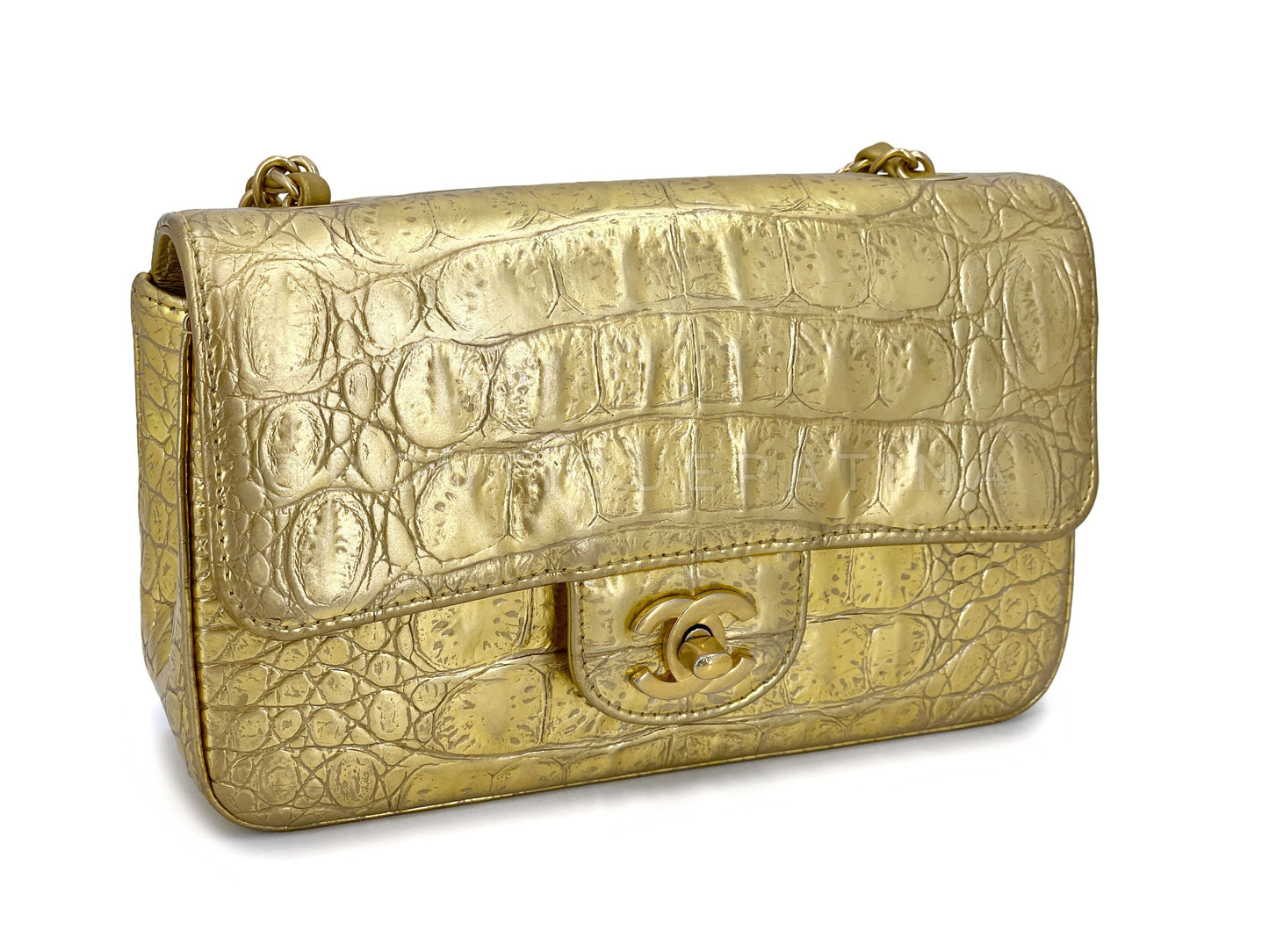 Chanel 19A Egyptian Gold Crocodile Print Rectangular Mini Flap Bag GHW