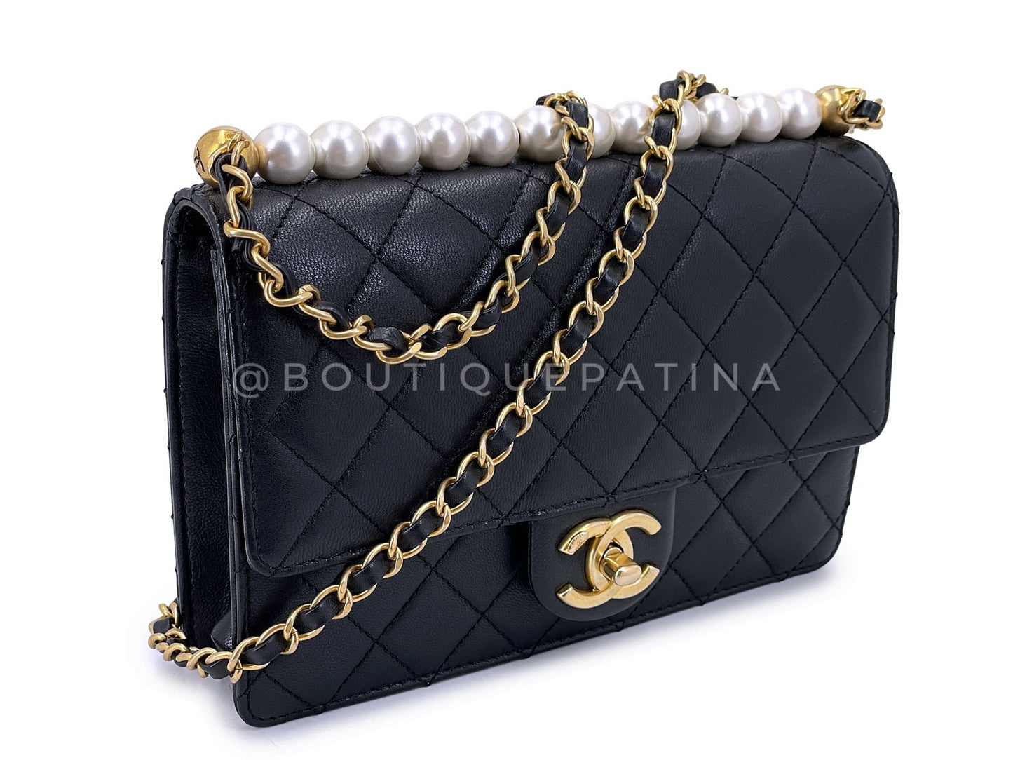 Pristine 19S Chanel Chic Pearls Quilted Flap Bag Black GHW DJ9