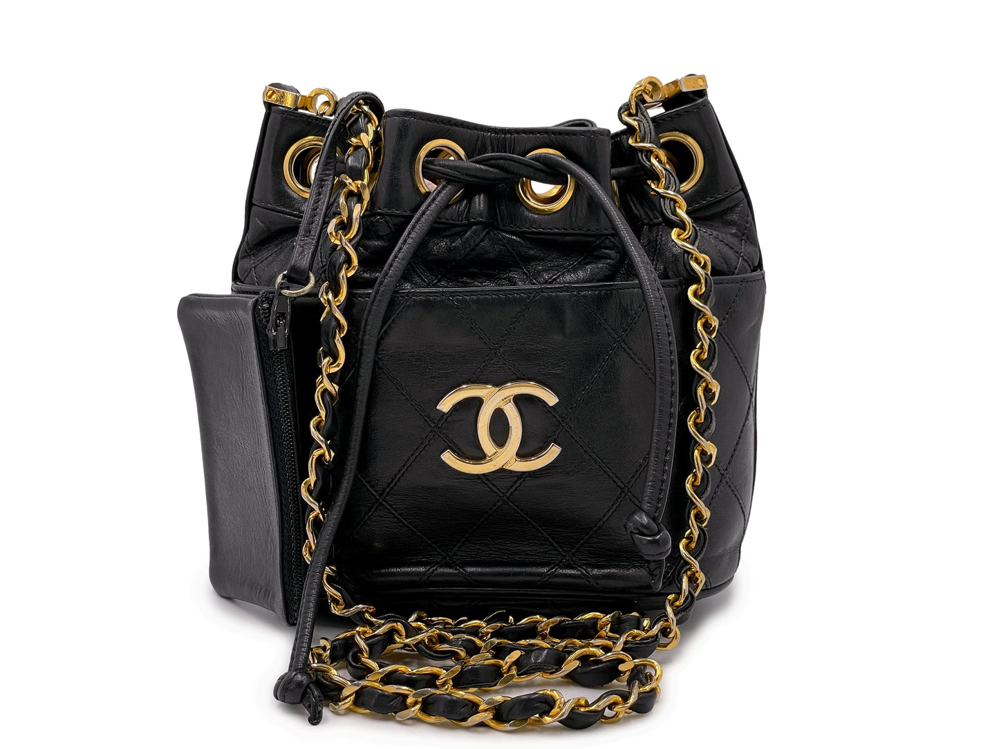 Rare Chanel Vintage 1987 Miniature Drawstring Mini Bucket Bag 24k GHW Black