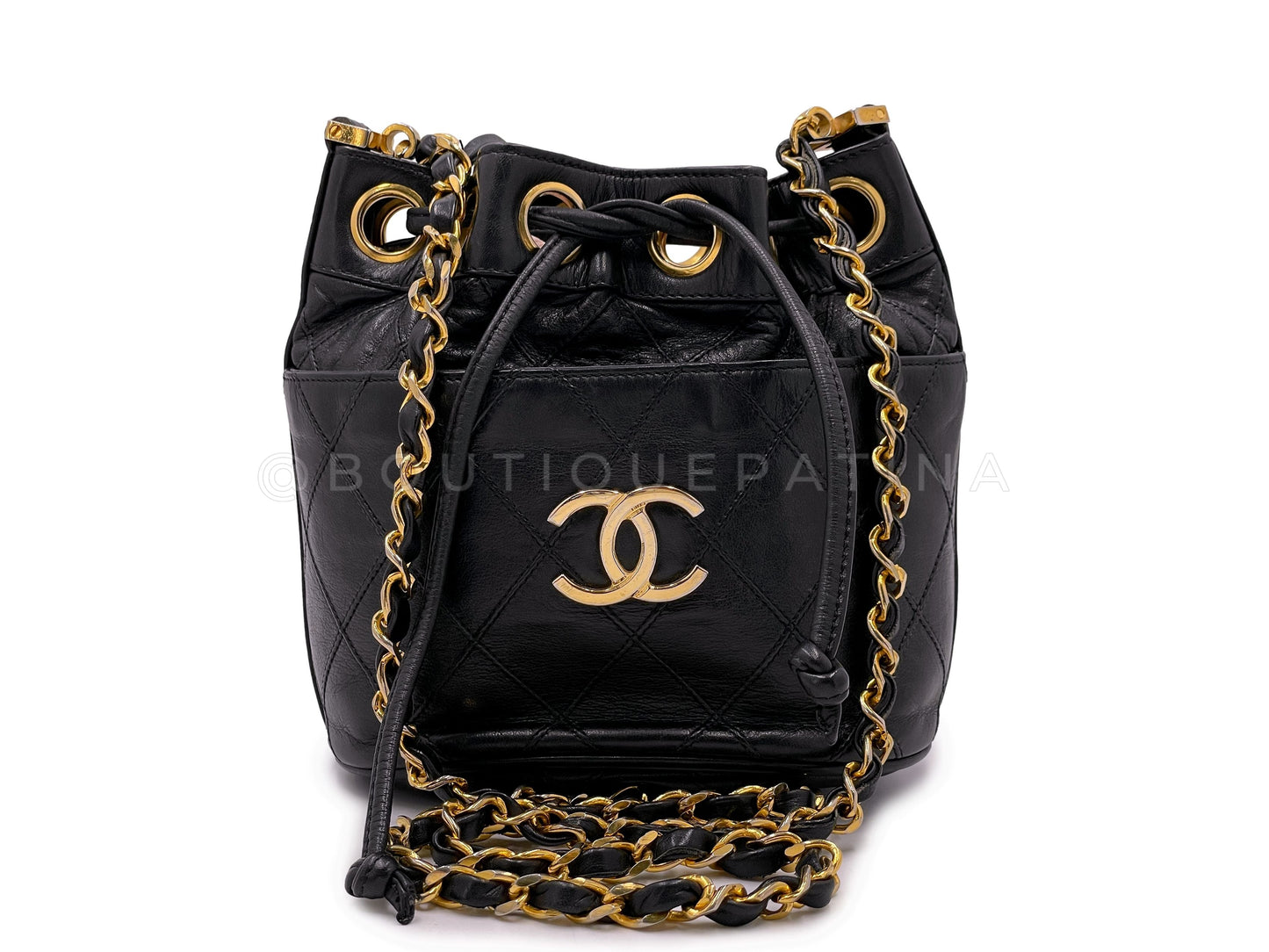 Rare Chanel Vintage 1987 Miniature Drawstring Mini Bucket Bag 24k GHW Black