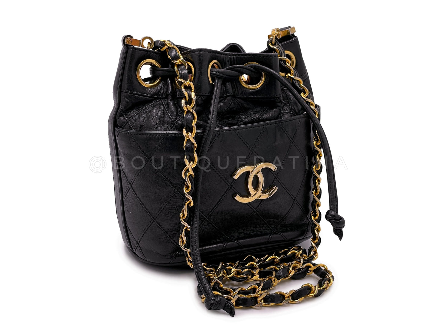 Rare Chanel Vintage 1987 Miniature Drawstring Mini Bucket Bag 24k GHW Black