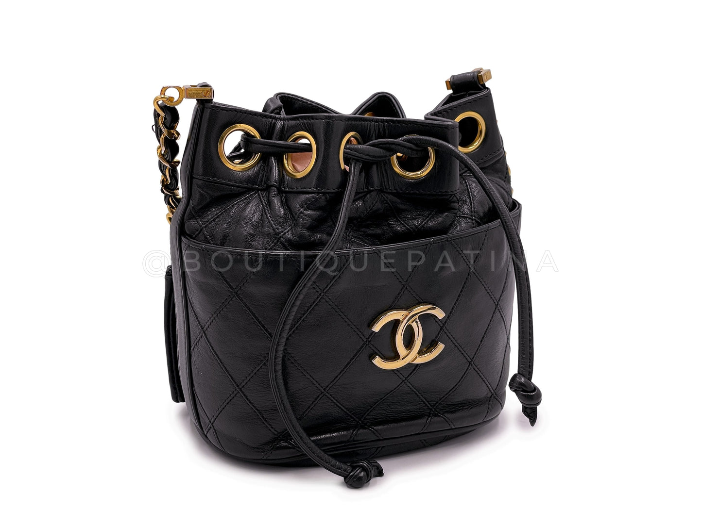Rare Chanel Vintage 1987 Miniature Drawstring Mini Bucket Bag 24k GHW Black