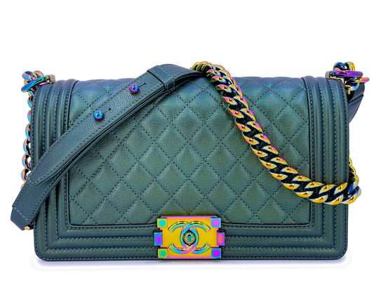 Chanel 16C Iridescent Mermaid Green Medium Boy Flap Bag Rainbow HW