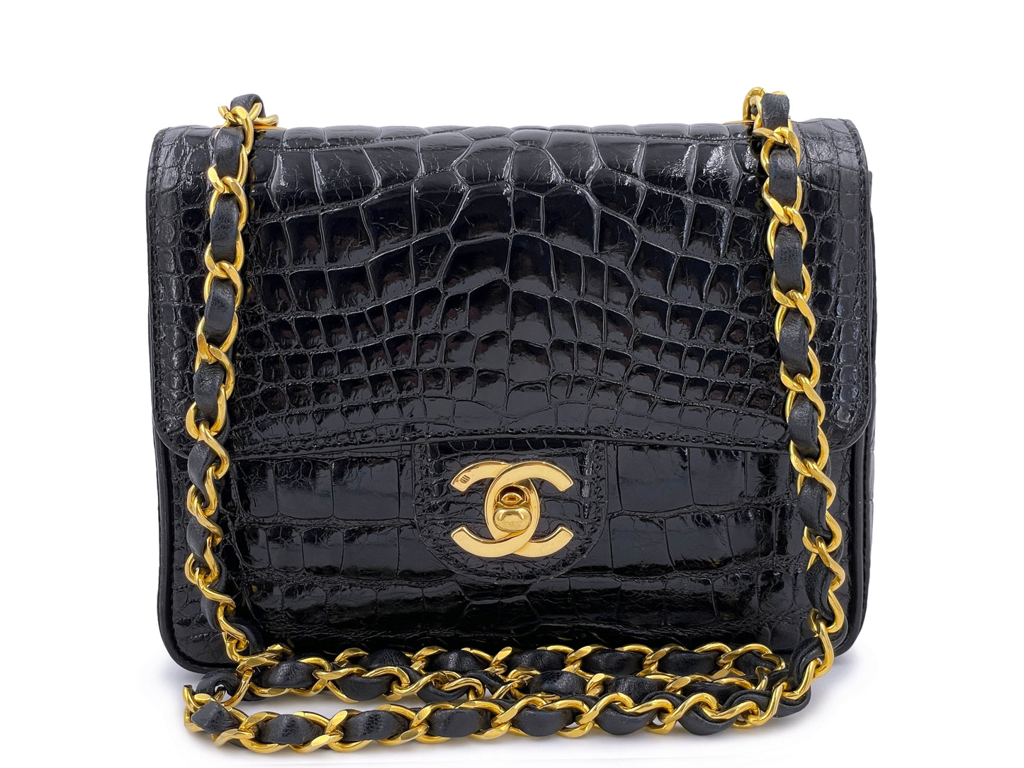 Chanel 1987 Vintage Black Alligator Crocodile Square Mini Flap Bag 24k GHW E7J