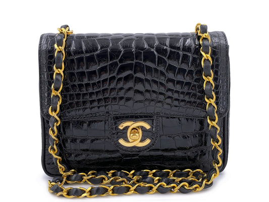 Chanel 1987 Vintage Black Alligator Crocodile Square Mini Flap Bag 24k GHW E7J