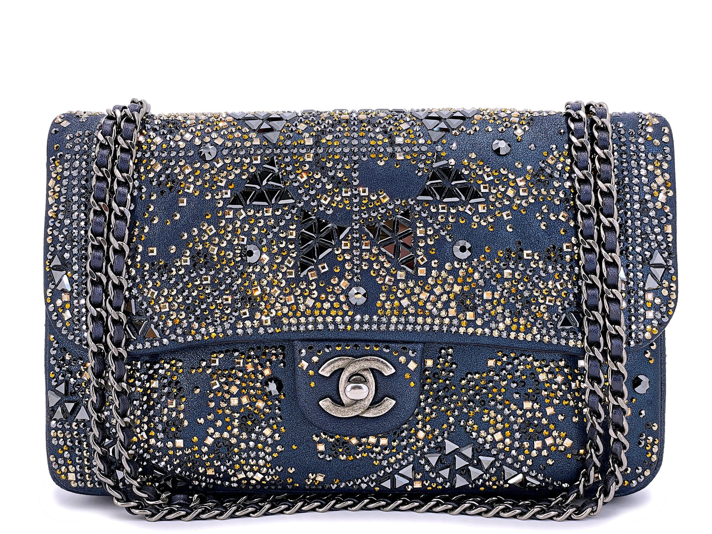 Chanel 16A Strass Crystal Buonasera Goatskin Medium Classic Flap Bag RHW Blue