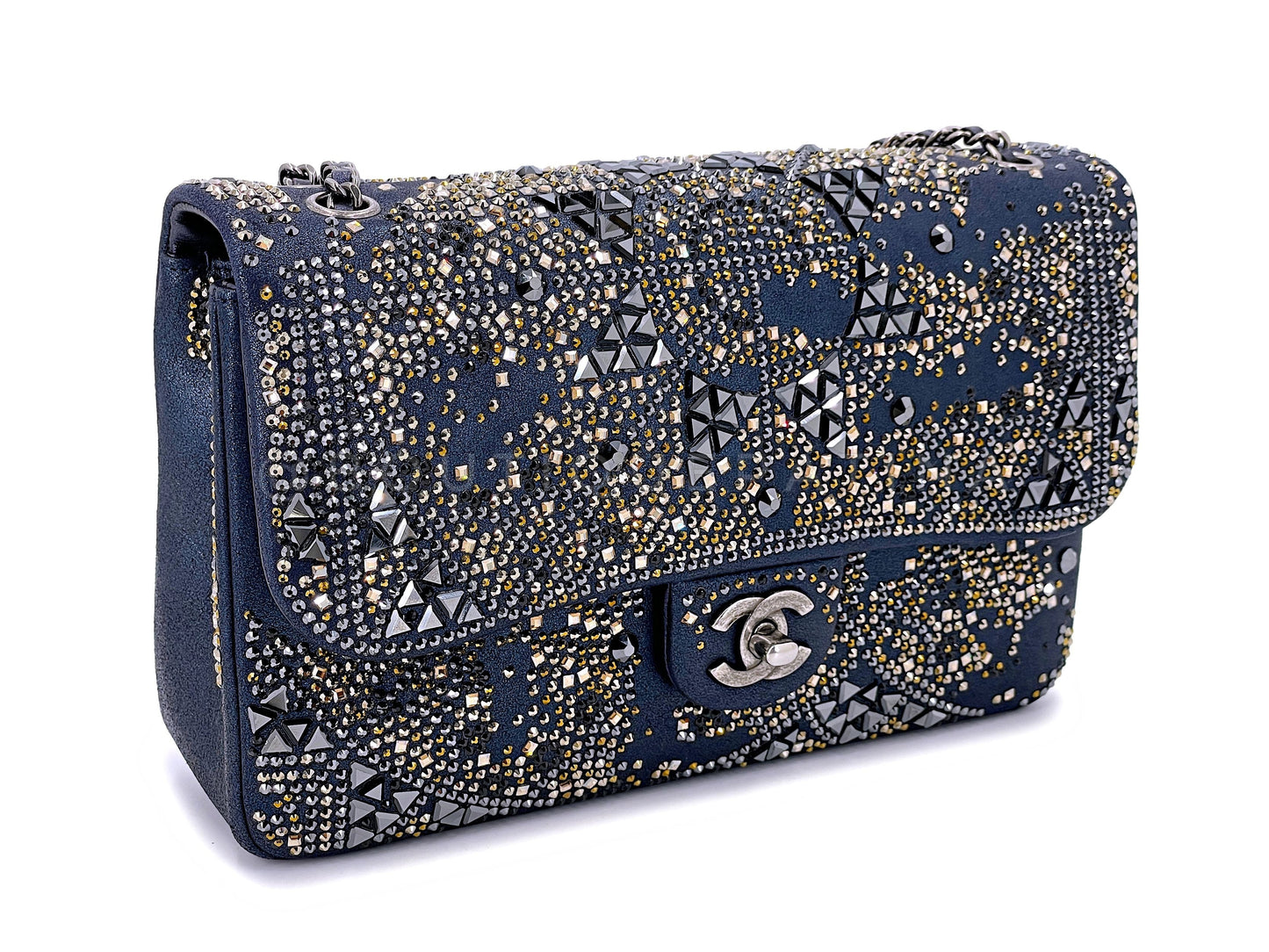 Chanel 16A Strass Crystal Buonasera Goatskin Medium Classic Flap Bag RHW Blue