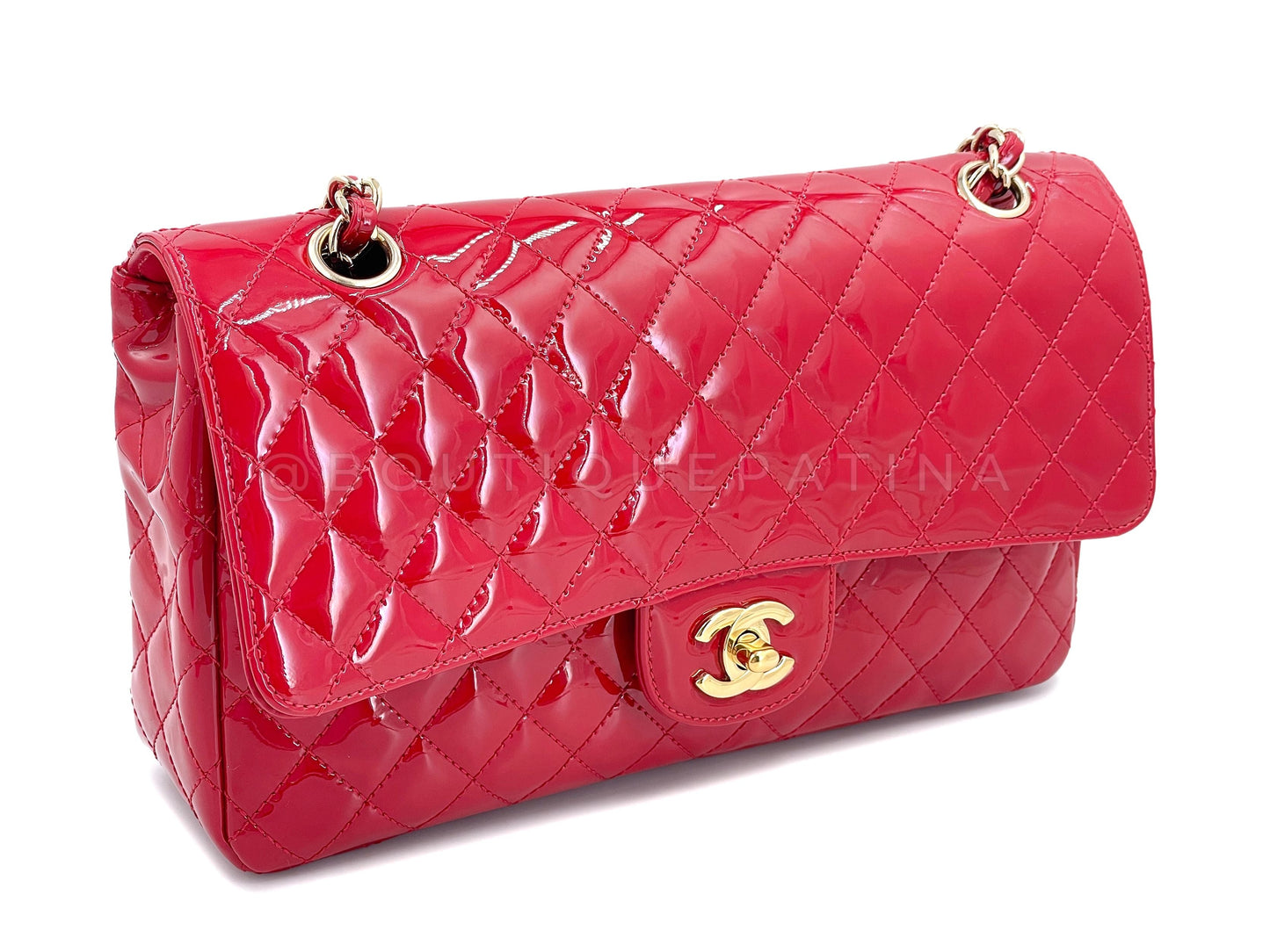 Pristine Chanel Red Patent Valentines Heart Charm Medium Classic Flap Bag
