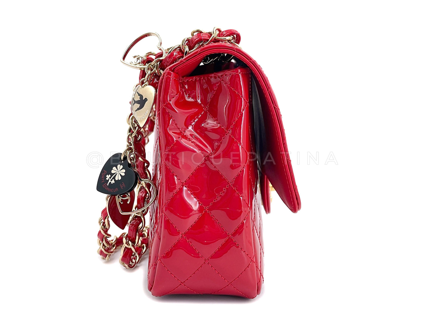 Pristine Chanel Red Patent Valentines Heart Charm Medium Classic Flap Bag