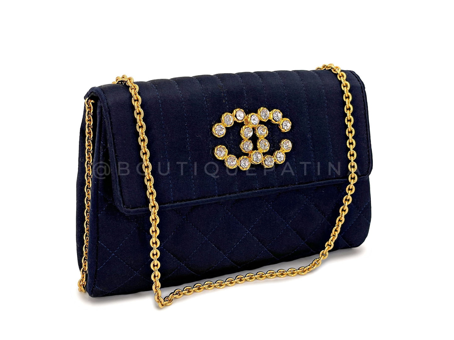 Rare Chanel Vintage 1991 Navy Blue Crystal CC Evening Flap Bag
