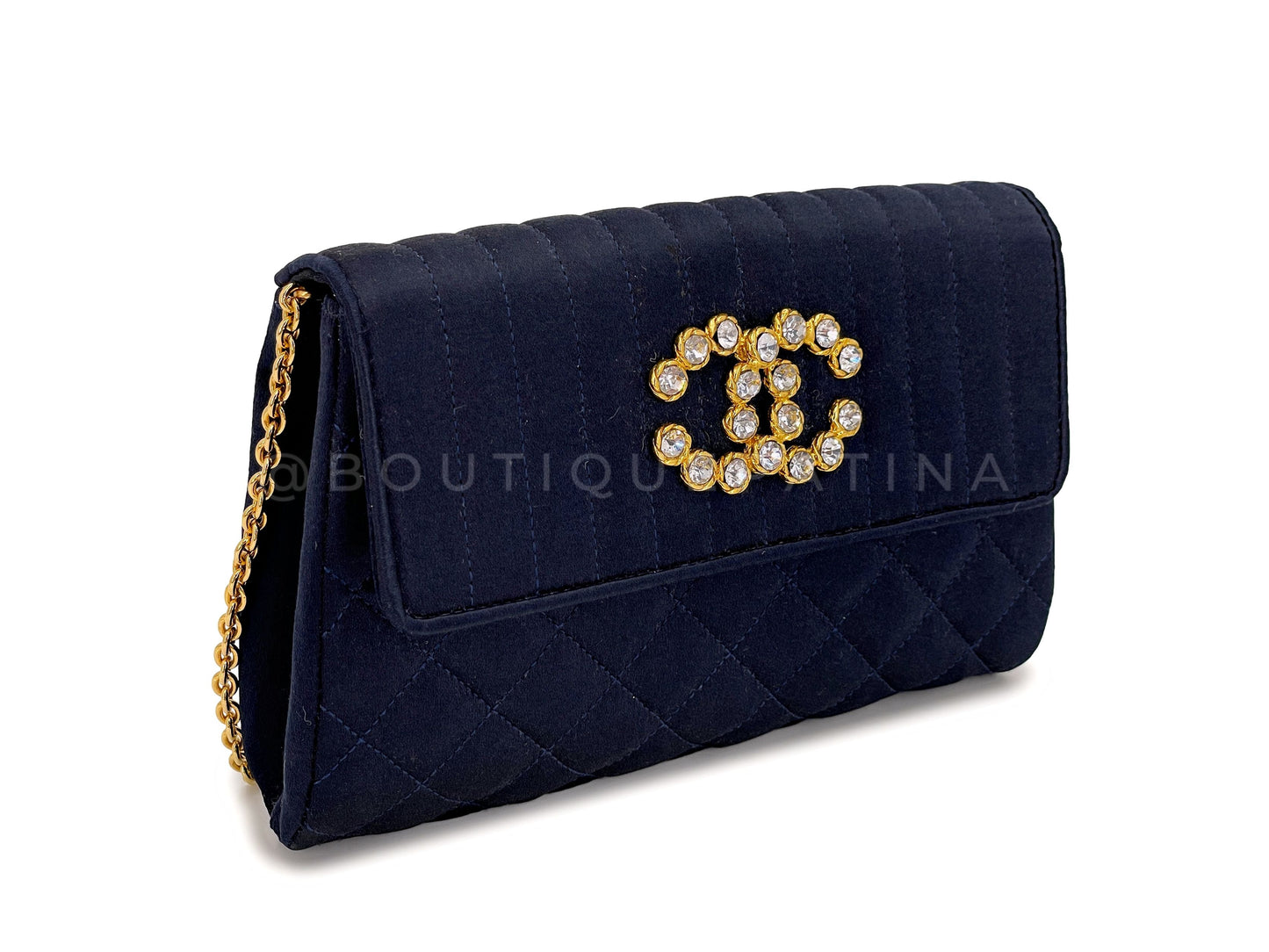 Rare Chanel Vintage 1991 Navy Blue Crystal CC Evening Flap Bag