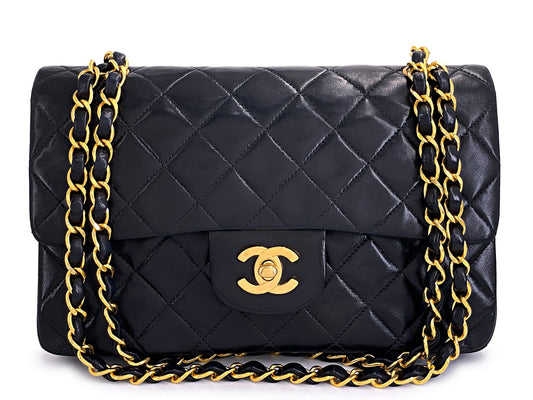 Chanel 1992 Vintage Black Lambskin Small Classic Double Flap Bag 24k GHW AGE