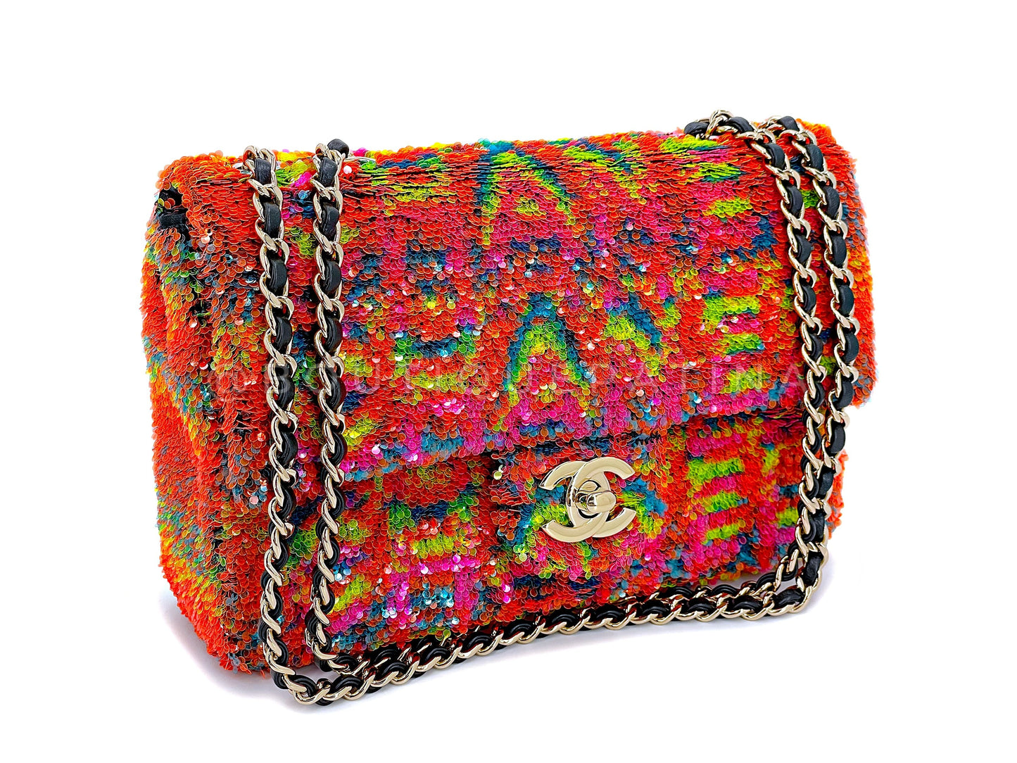 Chanel 2021 Iconic Rainbow Letter Sequin Orange Rectangular Mini Flap Bag GHW