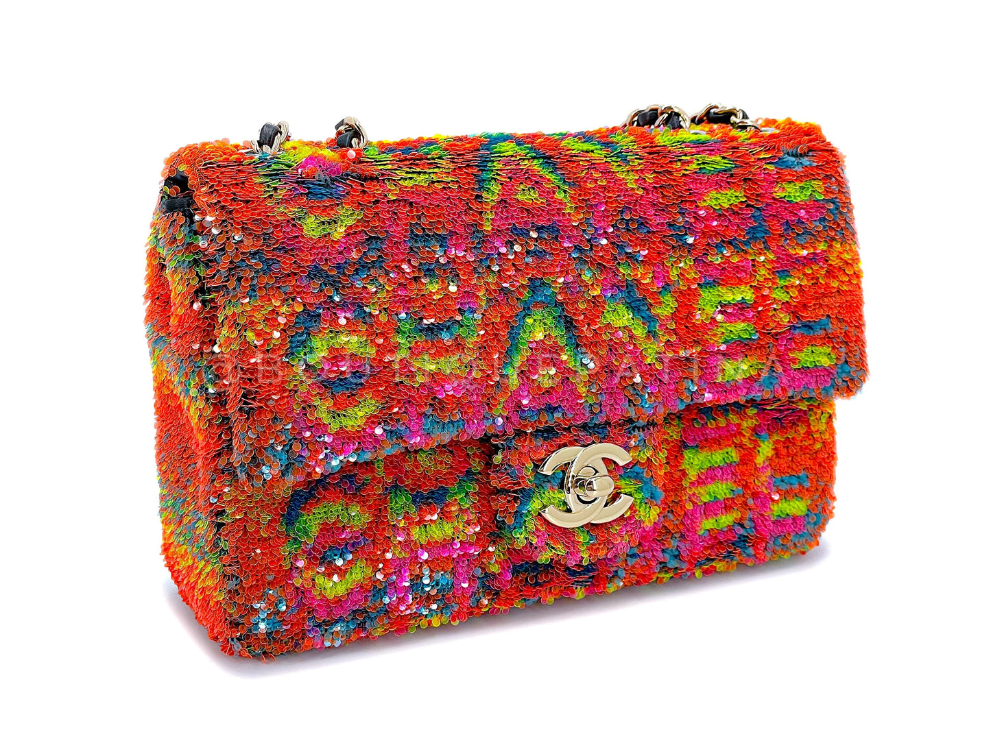 Chanel 2021 Iconic Rainbow Letter Sequin Orange Rectangular Mini Flap Bag GHW