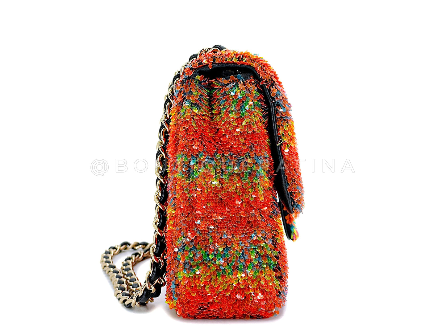 Chanel 2021 Iconic Rainbow Letter Sequin Orange Rectangular Mini Flap Bag GHW
