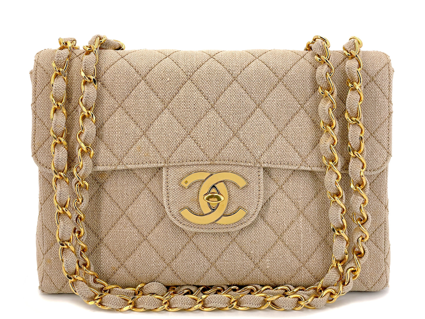 Rare Chanel 1994 Vintage Light Taupe Beige Linen Jumbo Classic Flap Bag 24k GHW