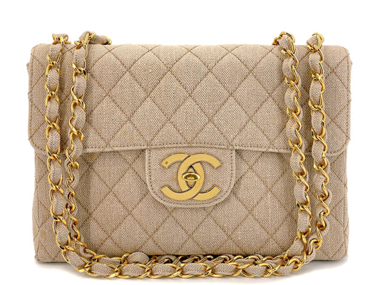 Rare Chanel 1994 Vintage Light Taupe Beige Linen Jumbo Classic Flap Bag 24k GHW