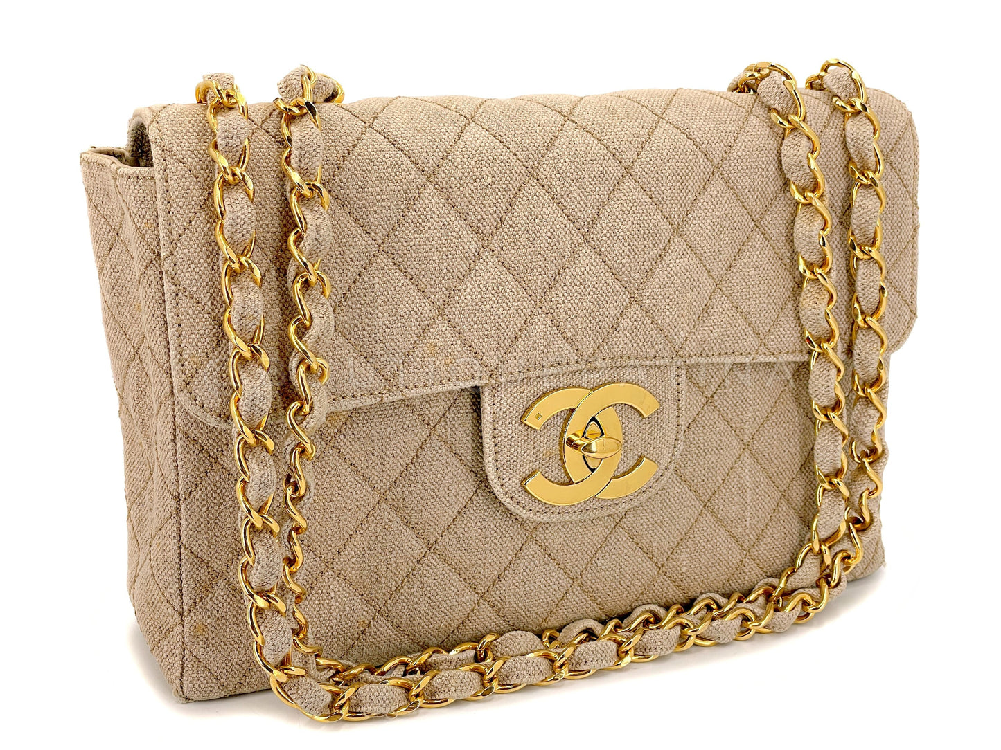 Rare Chanel 1994 Vintage Light Taupe Beige Linen Jumbo Classic Flap Bag 24k GHW