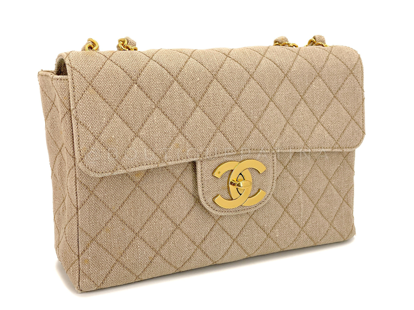 Rare Chanel 1994 Vintage Light Taupe Beige Linen Jumbo Classic Flap Bag 24k GHW