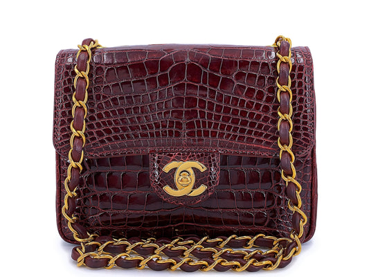 Chanel 1996 Vintage Burgundy Alligator Crocodile Square Mini Flap Bag 24k GHW 4RU