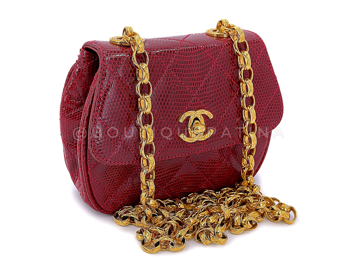 Chanel Vintage Lizard Mini Flap Bag 1980s Rare Red Etched Chain Round PSK