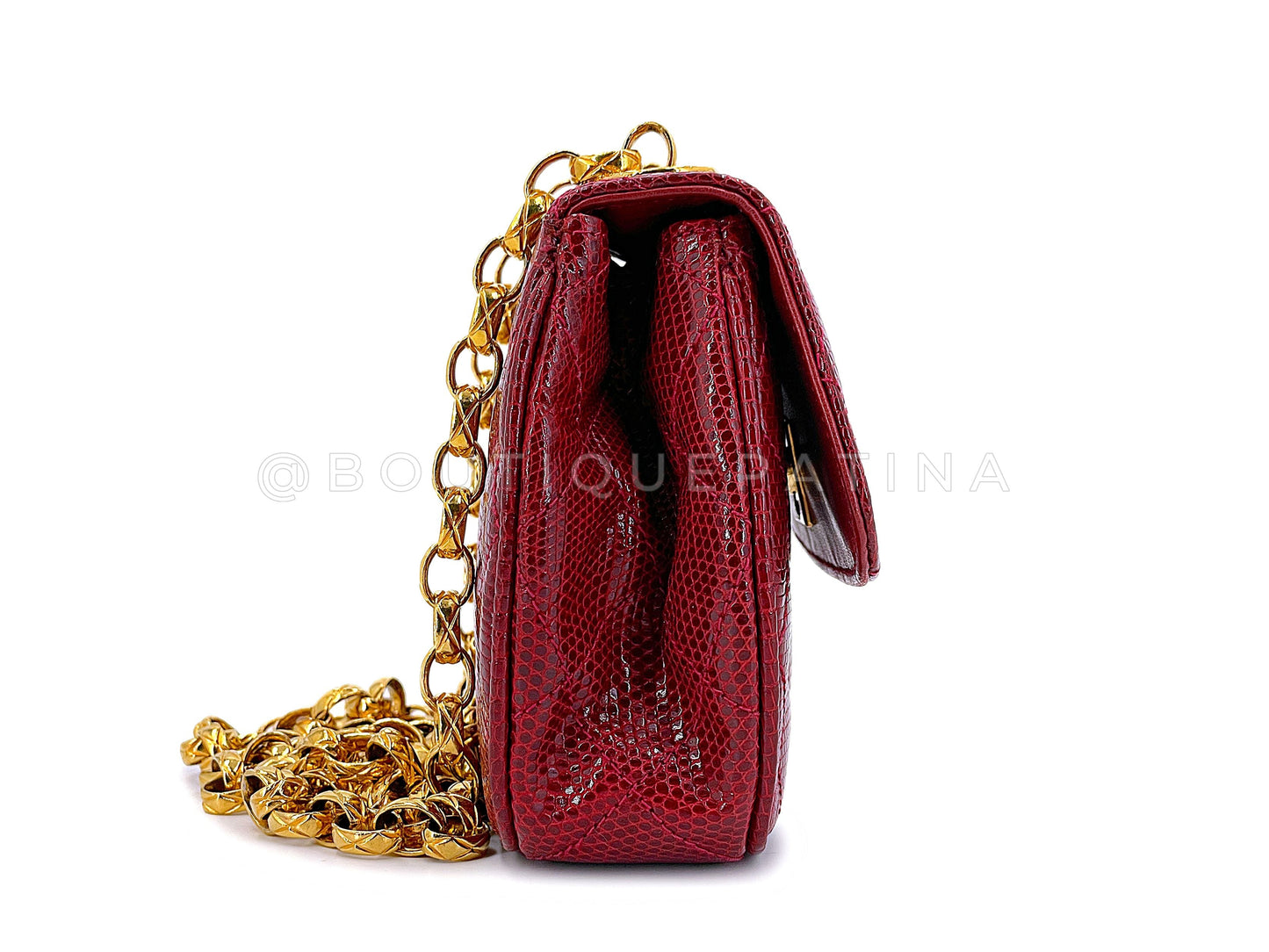 Chanel Vintage Lizard Mini Flap Bag 1980s Rare Red Etched Chain Round PSK