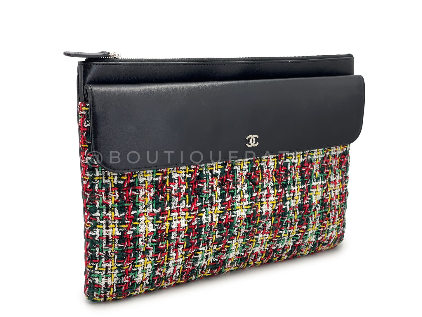 Chanel Plaid Tweed Lambskin Flap Large O Case Clutch Bag