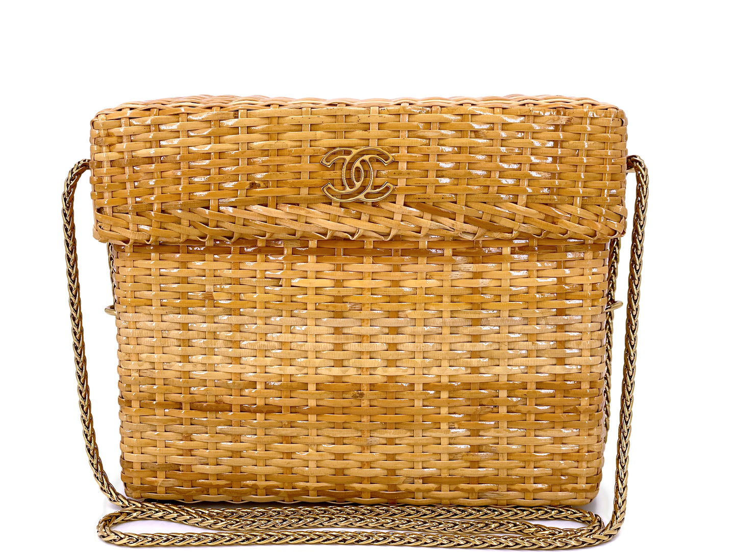 Chanel Vintage Wicker Bag Mini Picnic Basket Rattan with Chain K8Q