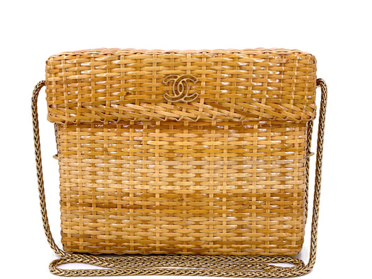 Chanel Vintage Wicker Bag Mini Picnic Basket Rattan with Chain K8Q