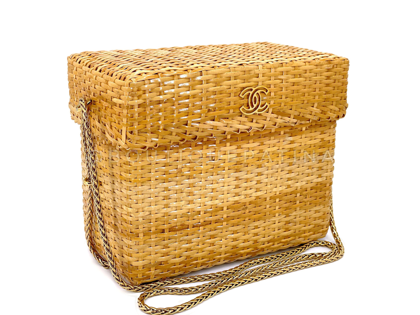 Chanel Vintage Wicker Bag Mini Picnic Basket Rattan with Chain K8Q