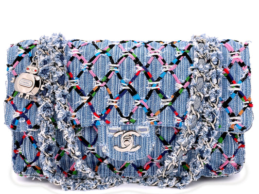 Chanel 17S Denim Rainbow Stitched Robot Charm Medium Flap Bag TFS