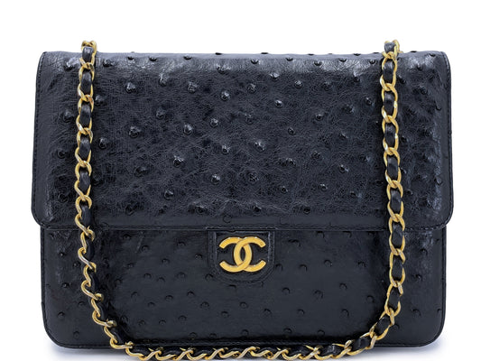 Chanel Vintage 1987 Black Ostrich Timeless Convertible Flap Bag 24k GHW