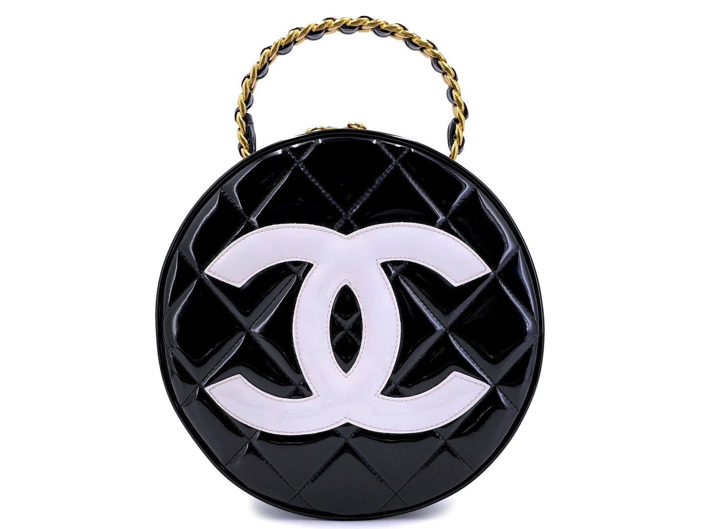 Rare Chanel 1995 "Barbie" Round Patent Circle Vanity Case Bag 24k GHW