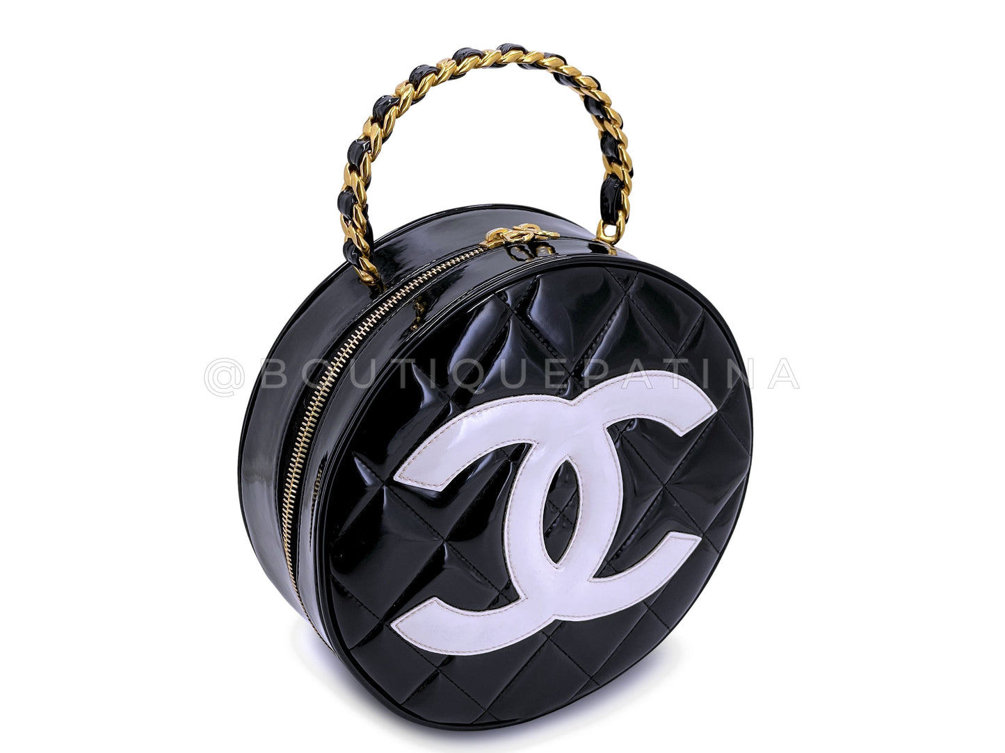 Rare Chanel 1995 "Barbie" Round Patent Circle Vanity Case Bag 24k GHW