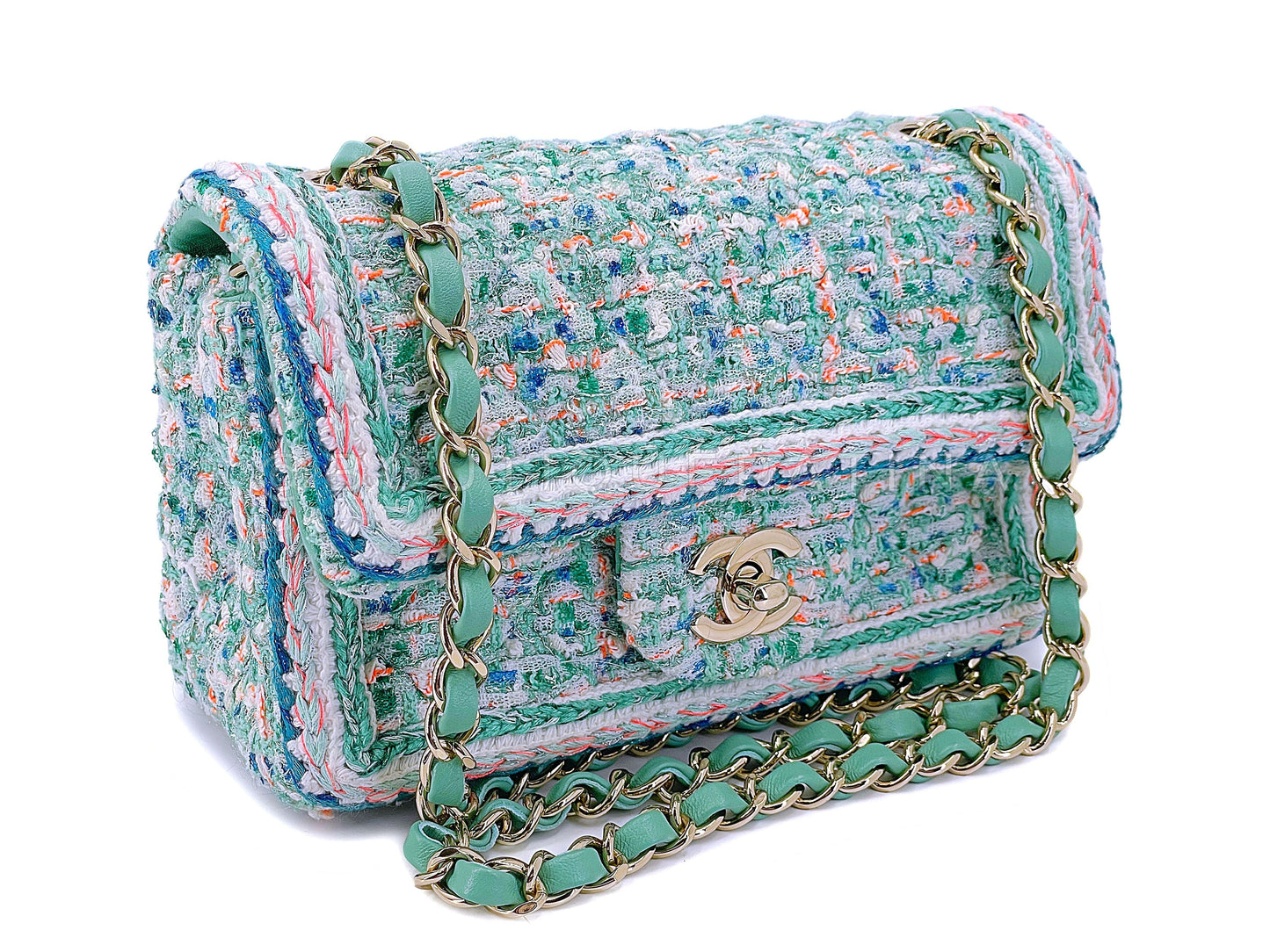 Chanel 2019 Pastel Green Pink Framed Tweed Rectangular Mini Flap Bag