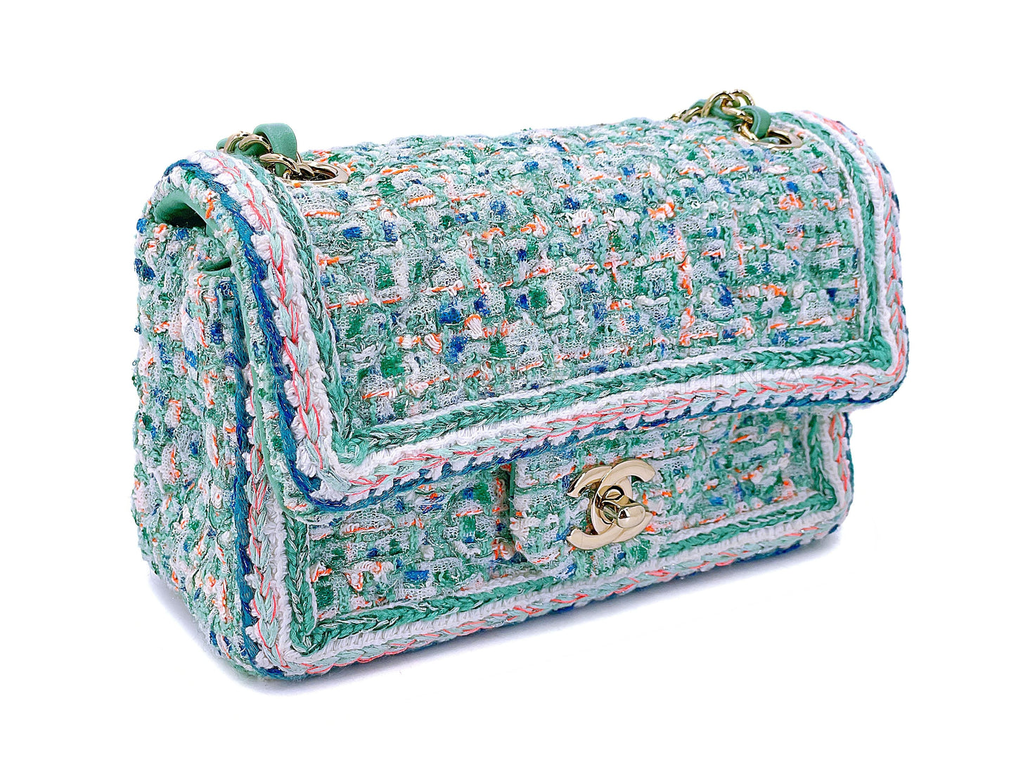 Chanel 2019 Pastel Green Pink Framed Tweed Rectangular Mini Flap Bag