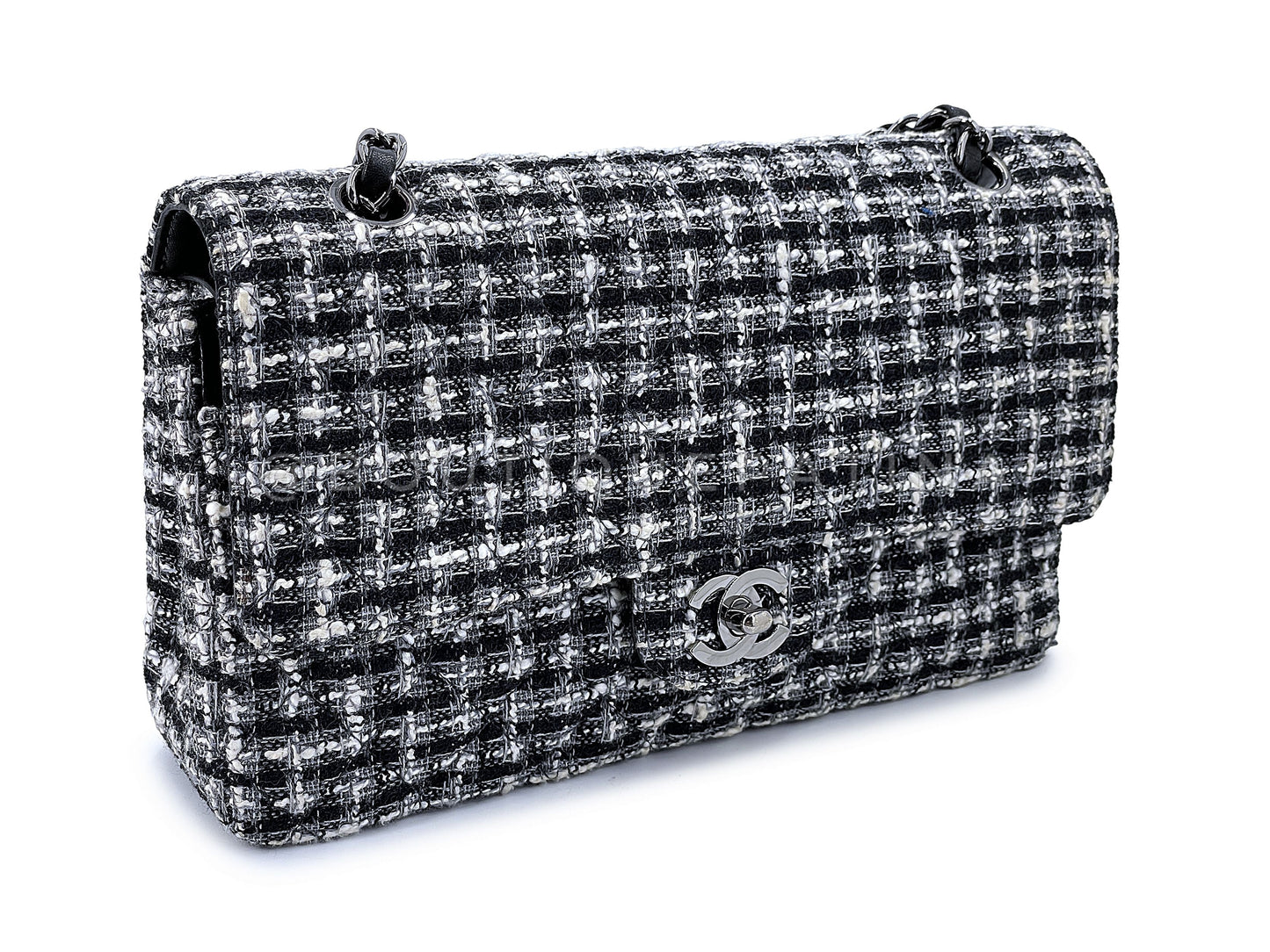 Chanel Vintage 2004 Black White Tweed Medium Classic Double Flap Bag SHW