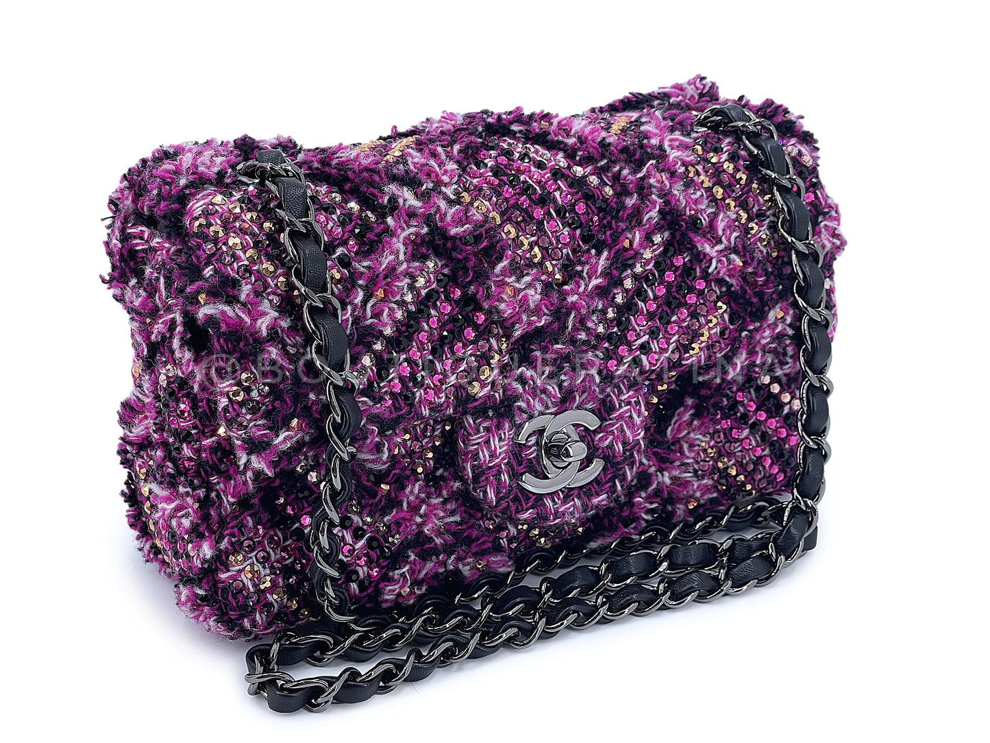 Chanel 2020 Violet Fuchsia Pink Crystals Wild Tweed Rectangular Mini Flap Bag RHW