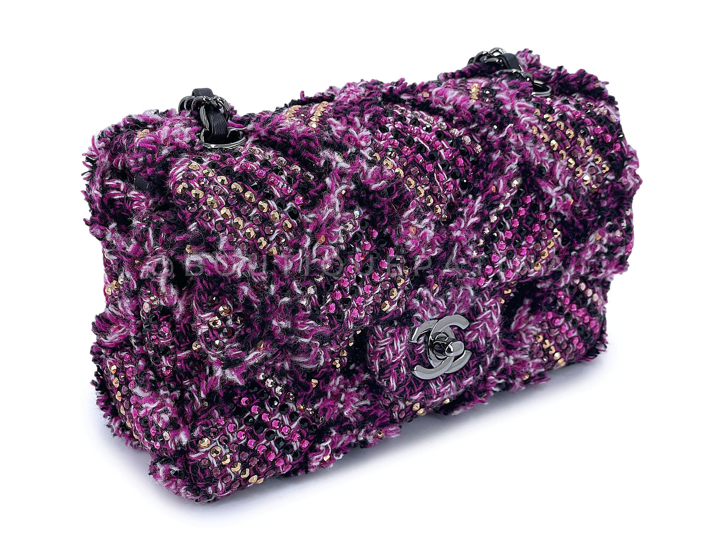 Chanel 2020 Violet Fuchsia Pink Crystals Wild Tweed Rectangular Mini Flap Bag RHW