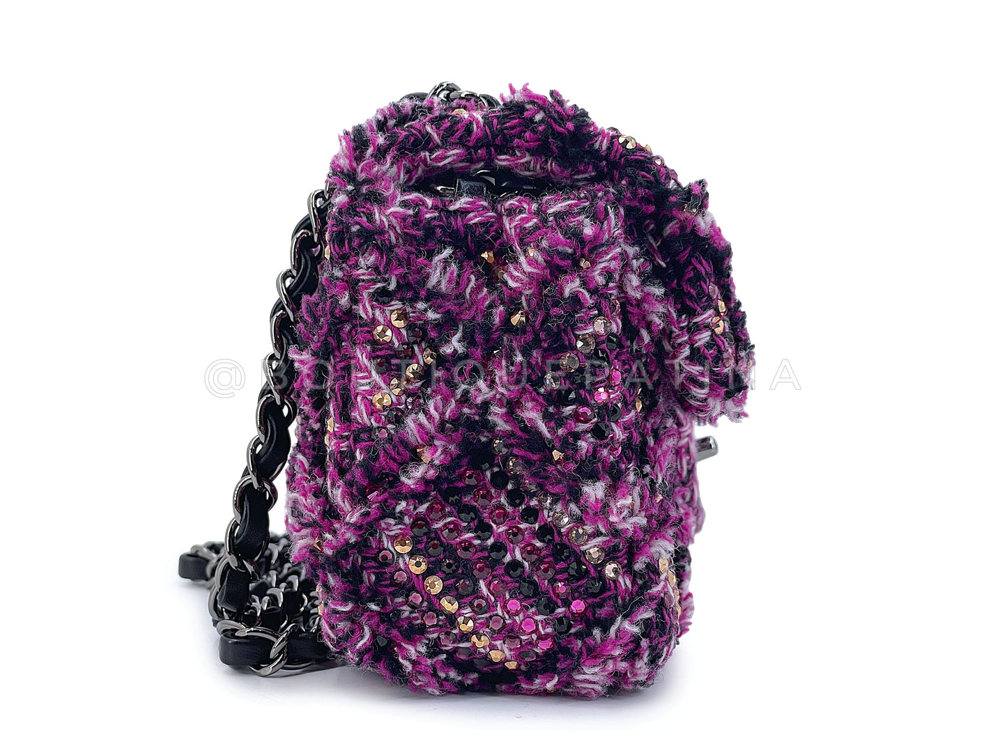 Chanel 2020 Violet Fuchsia Pink Crystals Wild Tweed Rectangular Mini Flap Bag RHW