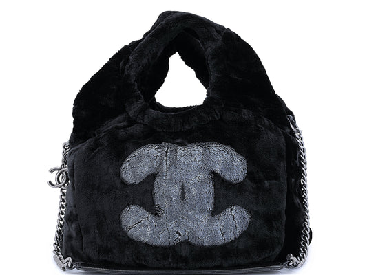 Rare Chanel 2010 Black Logo Fur Hobo Tote Bag SHW D7D