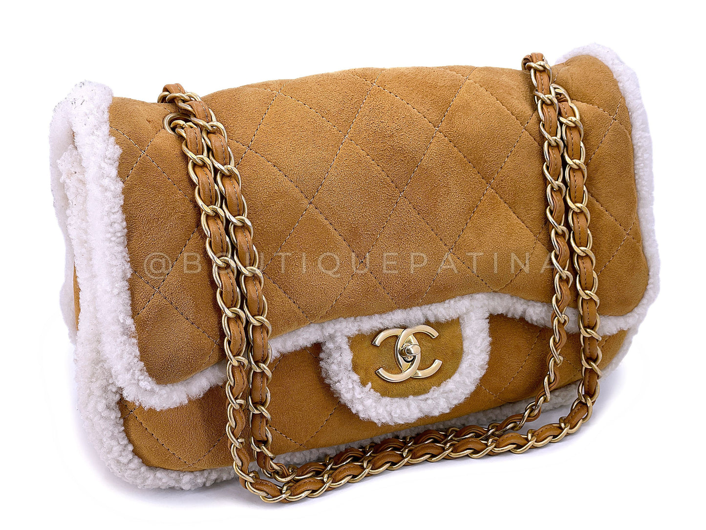 Chanel 2018 Coco Neige Jumbo Camel Caramel Suede Shearling Flap Bag A54