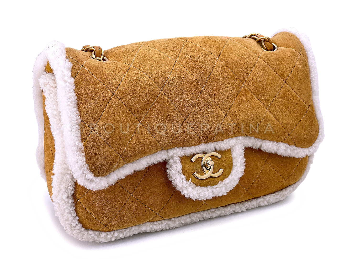 Chanel 2018 Coco Neige Jumbo Camel Caramel Suede Shearling Flap Bag A54