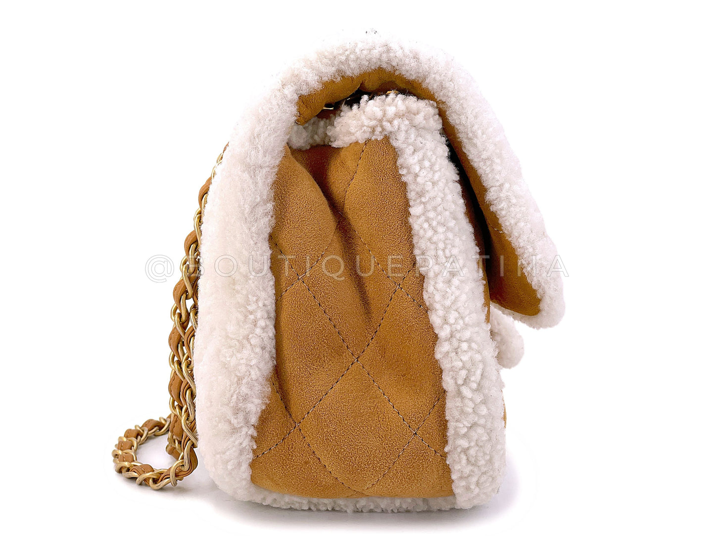 Chanel 2018 Coco Neige Jumbo Camel Caramel Suede Shearling Flap Bag A54