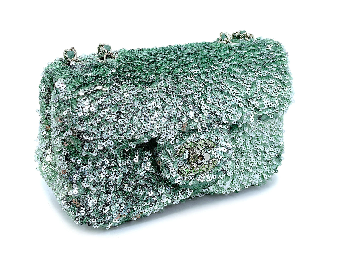 Rare Chanel Mermaid Green Sequins Mini Flap Bag Etched CC SHW