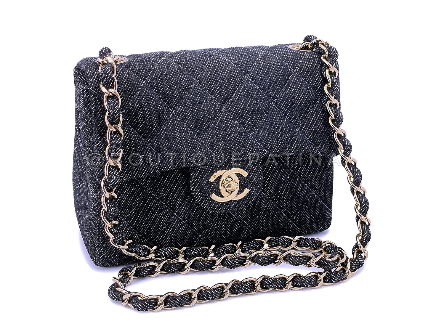 Rare Pristine Chanel 1998 Vintage Gray Denim Square Mini Flap Bag 24k GHW