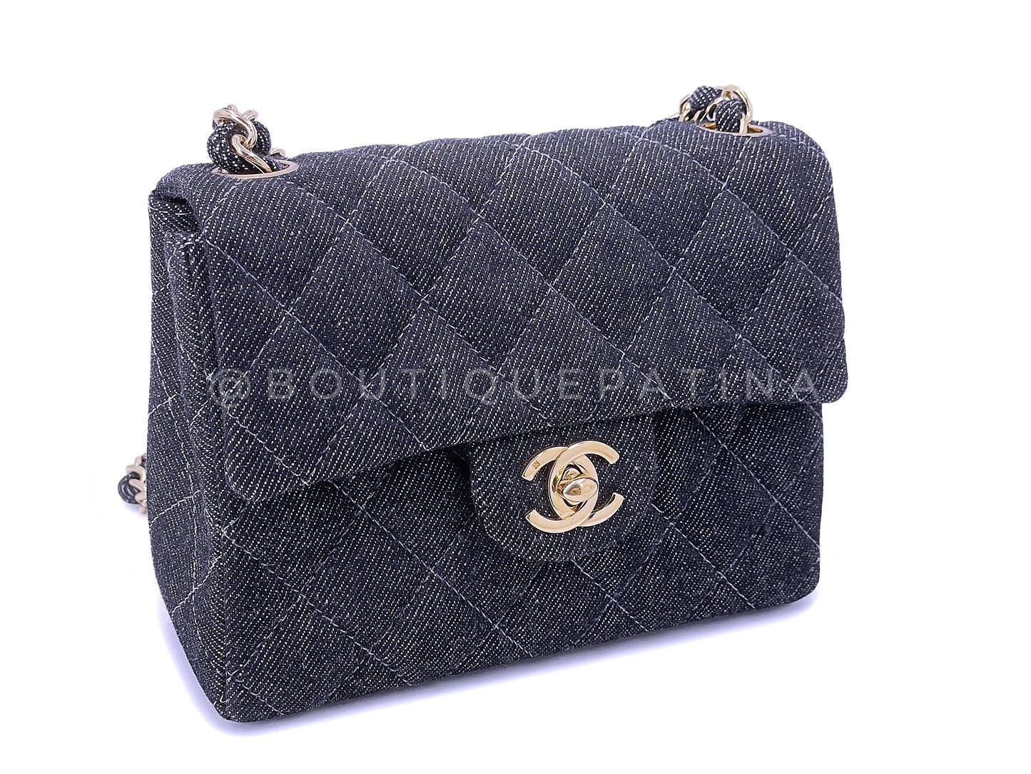 Rare Pristine Chanel 1998 Vintage Gray Denim Square Mini Flap Bag 24k GHW