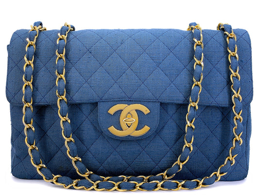 Chanel 1994 Vintage Dark Blue Linen Canvas Classic Maxi Flap Bag 24k GHW