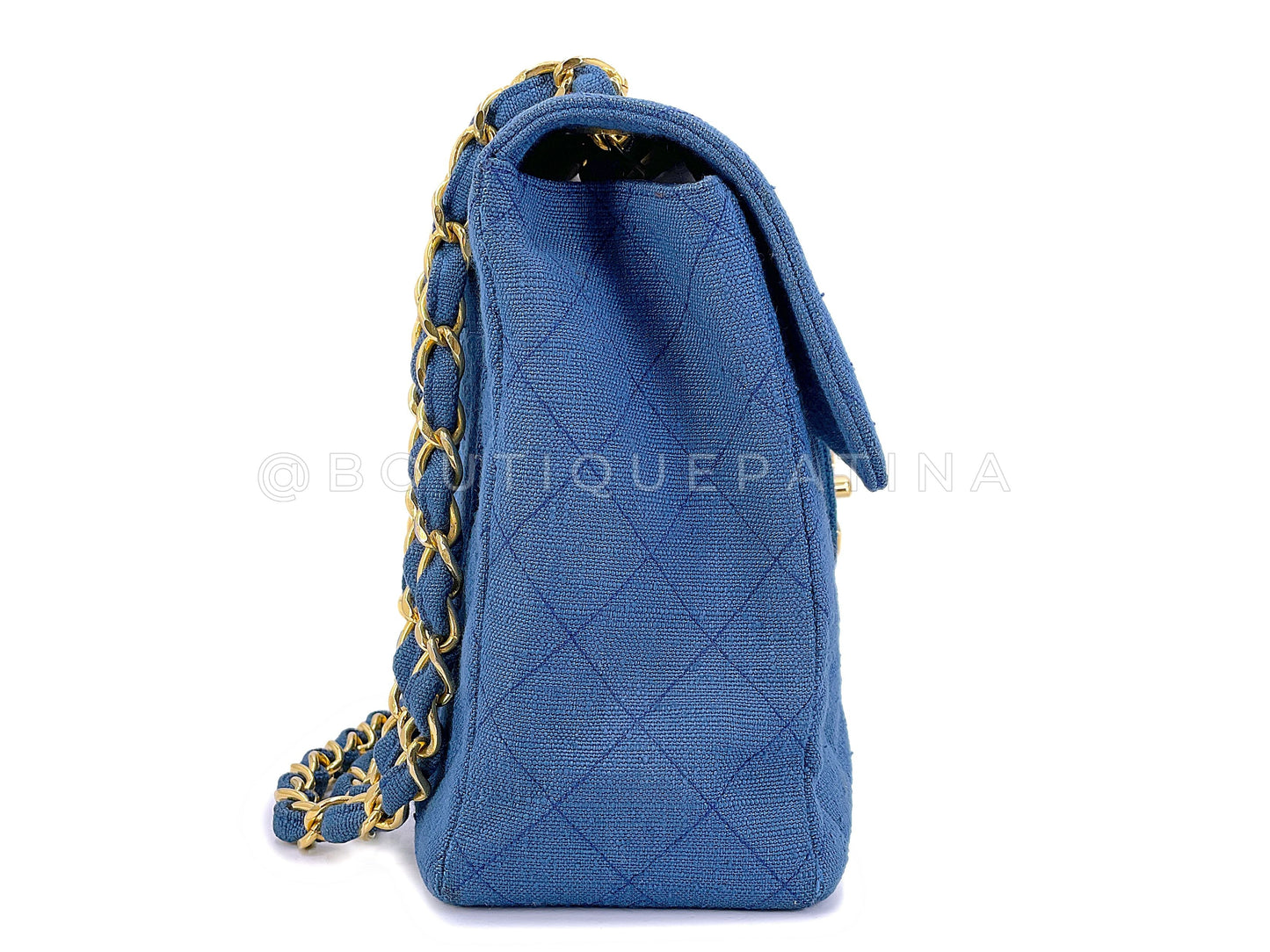 Chanel 1994 Vintage Dark Blue Linen Canvas Classic Maxi Flap Bag 24k GHW